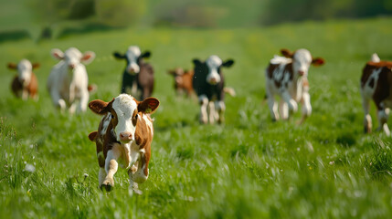 Calf Running Through Green Field Rural Farm Animals
