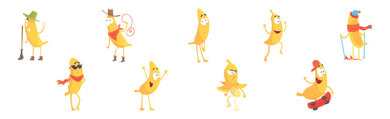 Funny Banana Yellow Character Engaged in Different Activity Vector Set