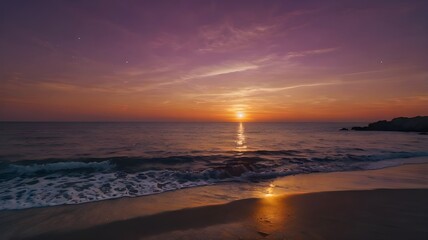 Obraz premium Sunset over the sea, featuring a vibrant orange, red, and purple evening sky, with the ocean water softly rippling, creating a picturesque wallpaper background