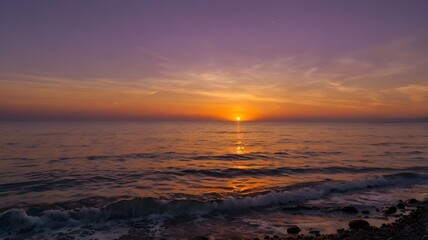 Obraz premium Sunset over the sea, featuring a vibrant orange, red, and purple evening sky, with ocean water softly rippling, creating a stunning wallpaper background