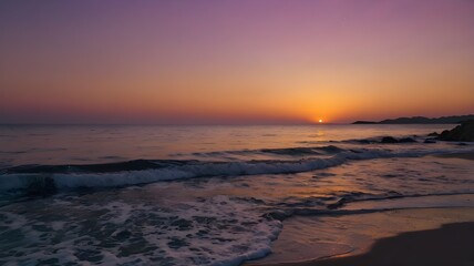 Sunset over the sea, displaying a vibrant orange, red, and purple evening sky, with the ocean water gently rippling, creating a captivating wallpaper background