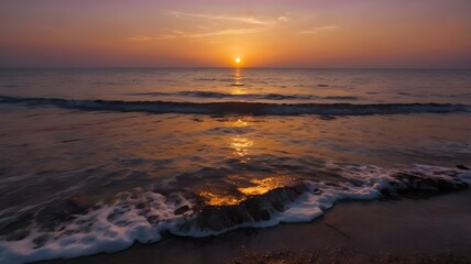 Obraz premium sunset over the sea, beautiful orange red purple evening dawn sky, ocean water with gentle waves, sunrise, wallpaper background