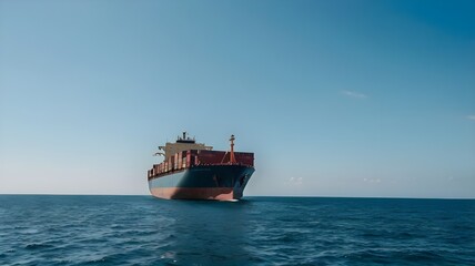 Container ship on the water, cargo vessel beneath a bright blue sky, sailing through the crystal blue ocean while transporting goods
