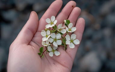 A hand holding small white flowers, with a dark forest background, captured through macro photography. Created with Ai