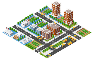 Isometric city illustration with schools, factories, offices, basketball courts, roads, trees, cars and people walking