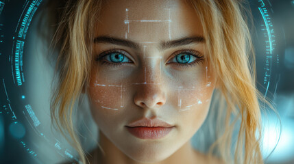 Portrait of young woman with digital facial recognition display surrounding her face, representing advanced technology, artificial intelligence, and futuristic data analysis
