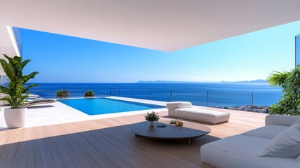 Obraz premium A luxurious oceanfront terrace with an infinity pool, overlooking a serene blue sea.