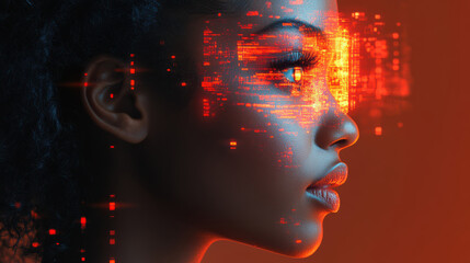 Close-up side profile of a woman’s face with red glowing digital elements, representing advanced AI technology, cyber intelligence, and futuristic innovation.