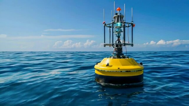 A yellow buoy with antennas and sensors floating on ocean water under a clear blue sky.
