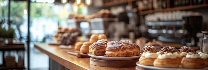 Elegant pastry showcase, delicate treats artfully arranged, inviting café ambiance softly blurred in the background