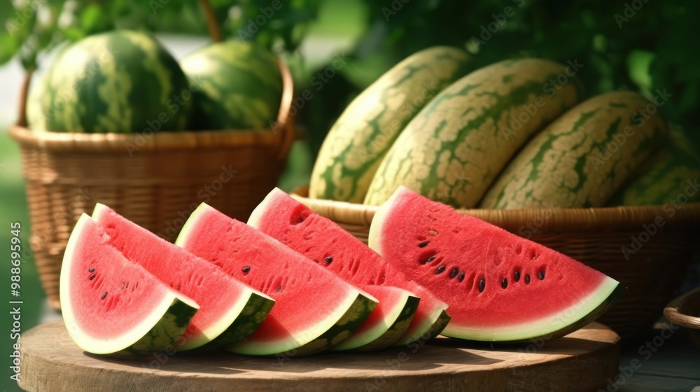 Sticker watermelon slices on wooden board