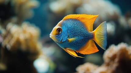Close-up of a vibrant tropical fish with striking blue and yellow colors swimming in a coral reef. Bright, exotic marine life captured in natural aquarium habitat.