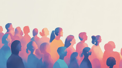 A contemporary illustration of a diverse crowd, each figure distinguished by unique colors and minimalist facial features, arranged in a semi-circle.