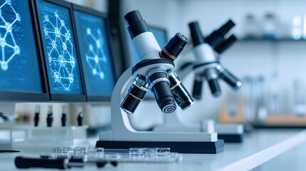 Row of digital screens displaying biotech data and molecular structures