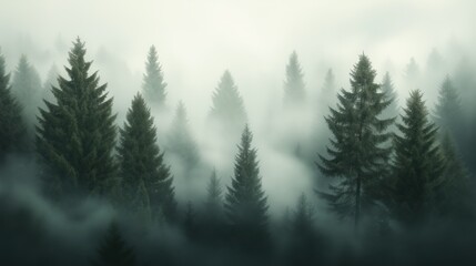 Mysterious Pine Trees Shrouded in Fog in a Dense Forest Creating a Dreamlike and Serene Atmosphere