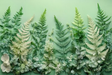 Green Ferns and Leaves on a Green Background