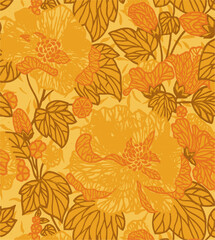 Vintage floral wallpaper with yellow and orange flowers on a light yellow background.