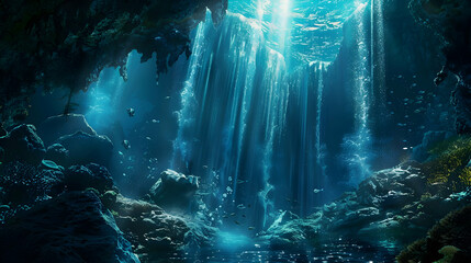 Fototapeta premium Underwater Cave with Waterfall and Sunlight