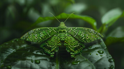 Green Moth on a Leaf with Rain Droplets A Close-Up View of Nature's Beauty