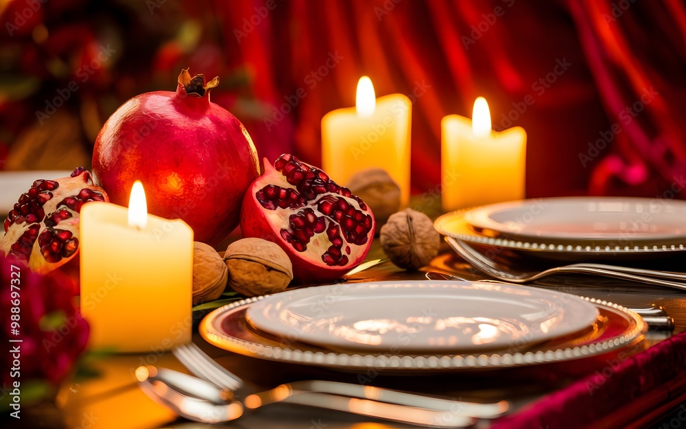 Wall mural a table setting with pomegranates, walnuts, and candles.