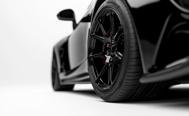 Luxury black sports car with carbon fiber details, close-up of the front or rear wheels.