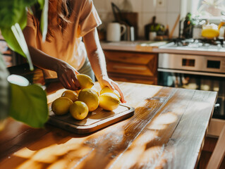 Preparing fresh lemons in kitchen for healthy immune-boosting lifestyle