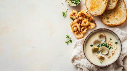 A bowl of clam chowder with fried shrimp and bread on a light background.
