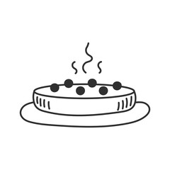 Hot Sweet Pie Doodle Icon. Hand drawn food sketch. Baked cake dessert with berries and steam on plate. Outline vector illustration. Cooking symbol