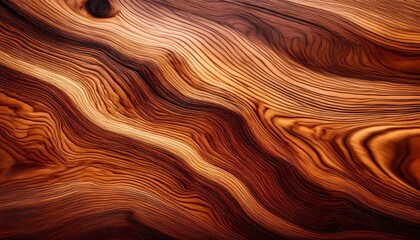 Polished piece of wood revealing its rich natural pattern with light reflecting on the surface