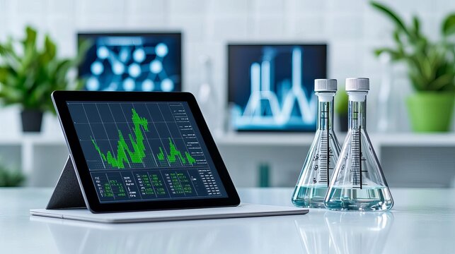Digital tablet displaying financial growth charts on a clean