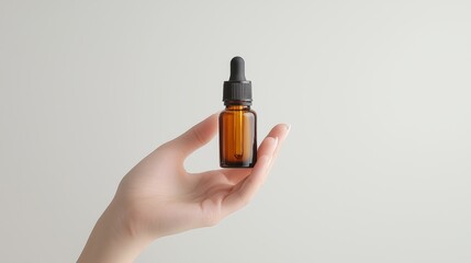 A neatly manicured hand holds a brown glass dropper bottle against a white background, highlighting the product's simplicity and elegance.