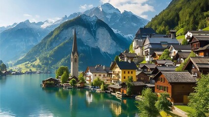 Fototapeta premium Hallstatt village in the Alps, featuring colorful houses cascading down a mountain by a serene lake, Generative AI.