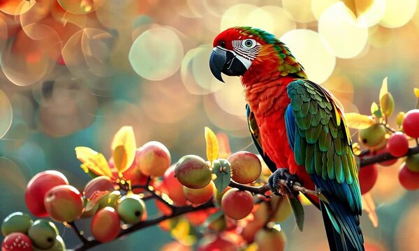 A colorful parrot perched on a branch with a bunch of fruit 4K Video