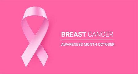 Vector illustration of breast cancer awareness symbol. Breast cancer pink realistic ribbon with loop on pink background. Template design with shine ribbon and word for awareness month campaign banner