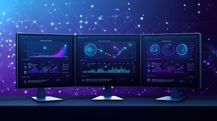 Fototapeta premium Computer monitor displaying an abstract dashboard with data analytics, graphs and charts