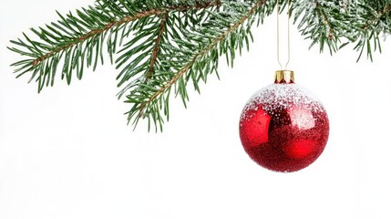 Obraz premium Single Red Christmas glass ball hanging from a pine branch, isolated on white with copy space with generative ai