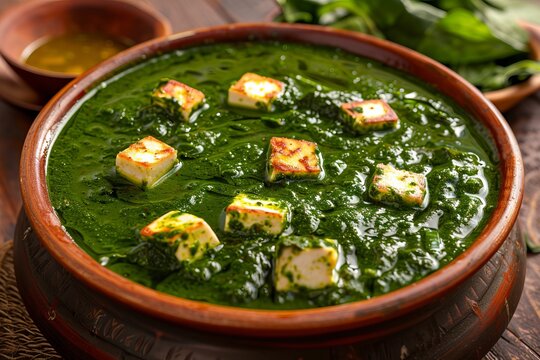 Close-up shot of Palak Paneer showcasing the vibrant green spinach gravy and creamy paneer.Indian traditional food.Spinach palak paneer.Indian palak paneer.