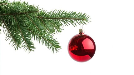 Single Red Christmas glass ball hanging from a pine branch, isolated on white with copy space  with generative ai