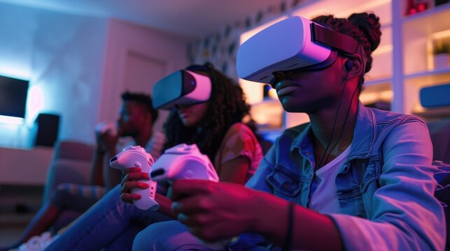 Diverse friends enjoying virtual reality gaming at home,
