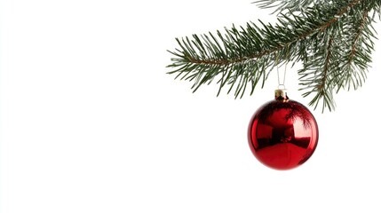 Single Red Christmas glass ball hanging from a pine branch, isolated on white with copy space  with generative ai