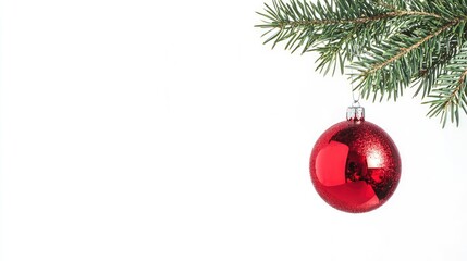 Single Red Christmas glass ball hanging from a pine branch, isolated on white with copy space  with generative ai