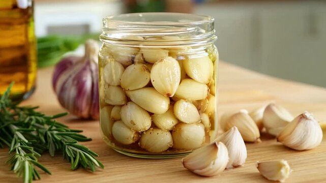 Homemade garlic pickles in a jar surrounded by fresh garlic and herbs in a cozy kitchen setting