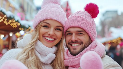 Obraz premium couple at christmas market, girlfriend showing