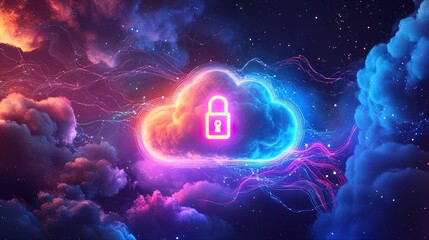 Vibrant Digital Cloud Security Poster: A Striking Glowing Cloud Icon with Padlock and Data Streams, Perfect for Tech Spaces and Modern Interiors!