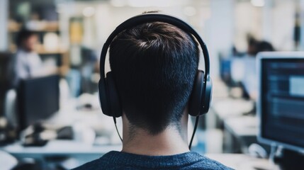 A scene of a man wearing headphones and enjoying music