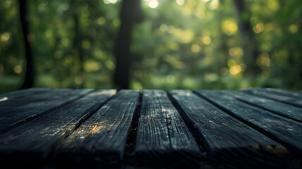 Fototapeta premium Wooden Table in a Sunlit Forest Nature Photography