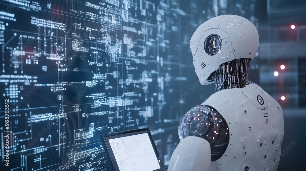 Poster a white robot analyzing data on a computer screen