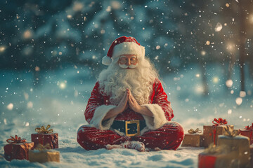 Santa Claus relaxing doing yoga while snowing surrounded by gift boxes ahead of present delivery Christmas celebration