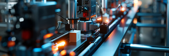 A packaging line with high-tech machines rapidly boxing and labeling consumer products, lit by harsh industrial lighting