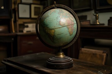 An antique globe standing on a wooden desk